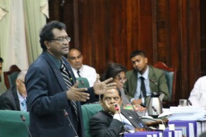 Minister of Public Security, Khemraj Ramjattan addressing the National Assembly during the debate on the Anti-Terrorism and Terrorist-related Activities Bill, 2015.