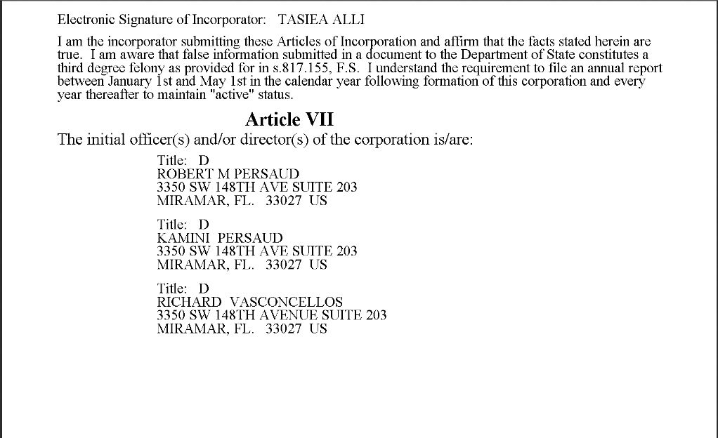 Robert Persaud registers company in Florida