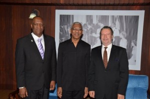 Minister of State, Mr. Joseph Harmon, President David Granger and Ambassador Lineu Pupo De Paula at the Ministry of the Presidency.