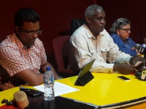 PPPC-nominated members of the Guyana Elections Commission (left to right) Sase Gunraj, Robeson Benn and Bibi Shadick.