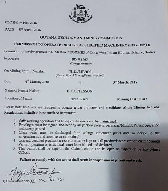 Broomes applied for mining-related permission while Natural Resources Minister