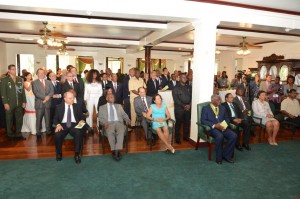 The gathering at State House- Seated in the front row right are: Minister of Public Security, Khemraj Ramjattan, Commonwealth Secretary General, Baroness Patricia Scotland, Prime Minister Moses Nagamootoo, Prime Minister of Barbados, Freundel Stuart, First Lady Mrs. Sandra Granger, Minister of Foreign Affairs, Carl Greenidge and another dignitary. 