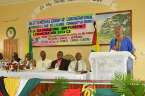President Granger addressing the congregation at the Den Amstel Ebenezer Congregational Church this morning for the special Independence and Emancipation service