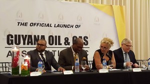 Left to Right: President of the Guyana Oil and Gas Association (GOGA), Bobby Gossai Jr; GOGA Director, Nigel Hughes; Resident Representative of the Inter-American Development Bank, Sophie Makonnen and Canada's Ambassador to Guyana, Pierre Giroux at the launching of GOGA.
