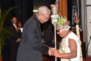 The President extends congratulations to Mr. Tony James from the village of Aishalton, who was awarded for his exemplary service to the Indigenous Peoples of Guyana 