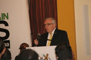 Canada's High Commissioner to Guyana, Pierre Giroux speaking at Turkeyen-Tain Talks.