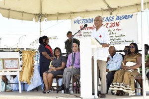 President David Granger addressing the residents of Victoria Village and surrounding areas at the National Day of Villages Observance held there today.