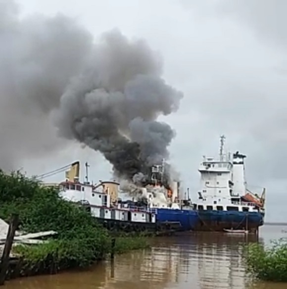 Fire damage ocean-going vessel in Essequibo River