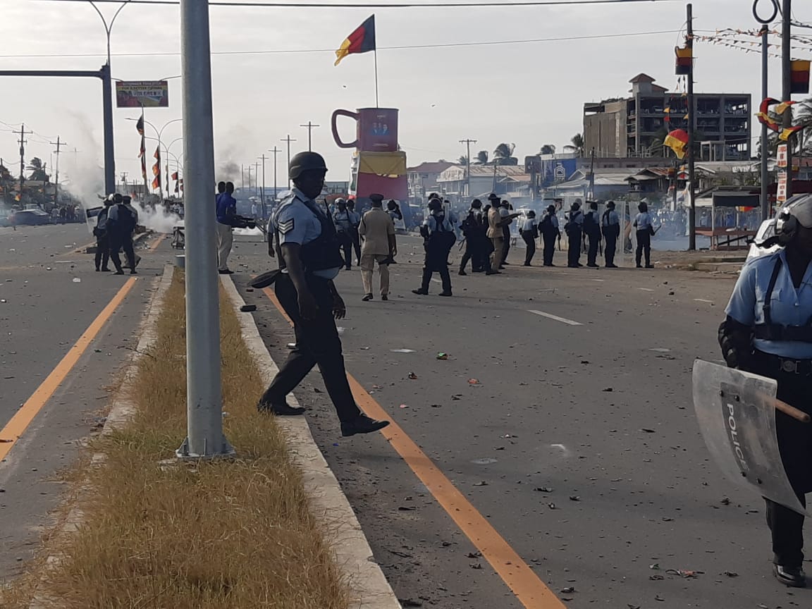 Police fire teargas at PPP supporters at Lusignan as sporadic election-related disturbances break out in Berbice, Demerara; PPP appeals for calm