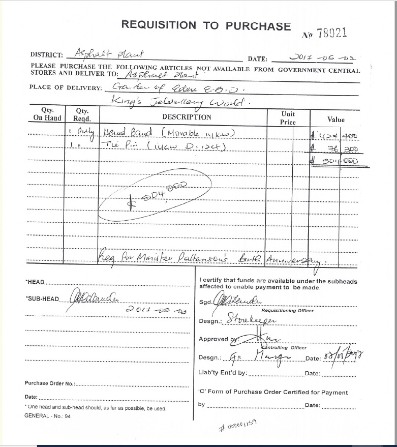 Asphalt Plant records show hand band, tiepin purchased for David Patterson’s 2017 birthday but he says he received none