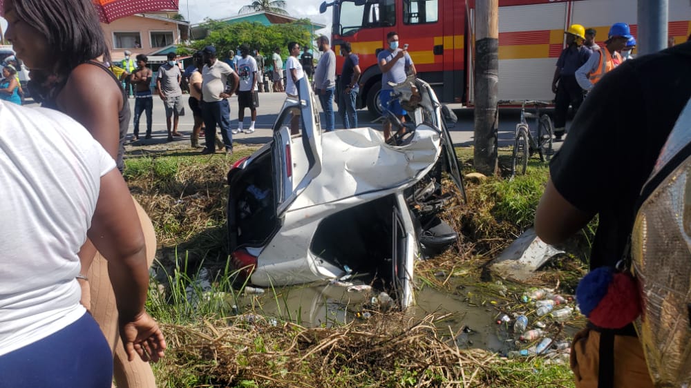One dead, four injured after car breaks in two at Stewartville, West Demerara