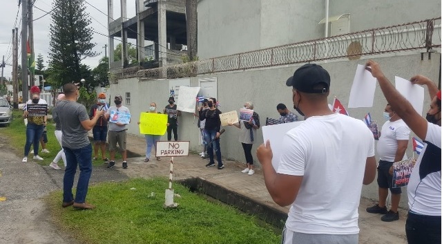 Pro-democracy Cubans protest outside Cuban embassy in Guyana