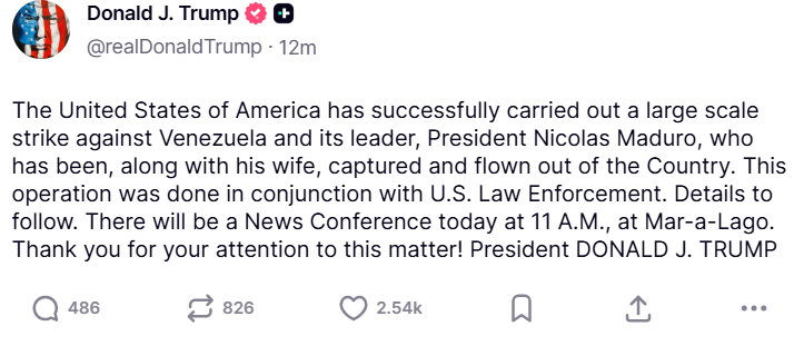 Maduro, wife arrested and flown out of Venezuela, says Trump