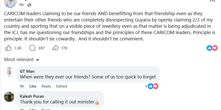 Guyana minister raps CARICOM nations for accommodating Venezuela’s President with Essequibo brooch