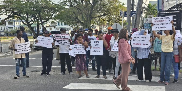 Opposition WIN supporters protesting near State House where King Charles will attend reception